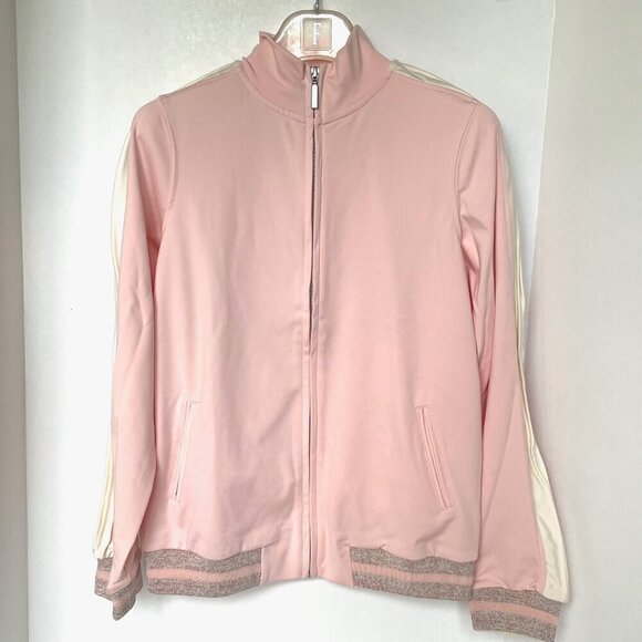 Anthropologie Bomber Track Jacket Womens Pink Full Zip Stretch Stripe Sleeve - Picture 1 of 7